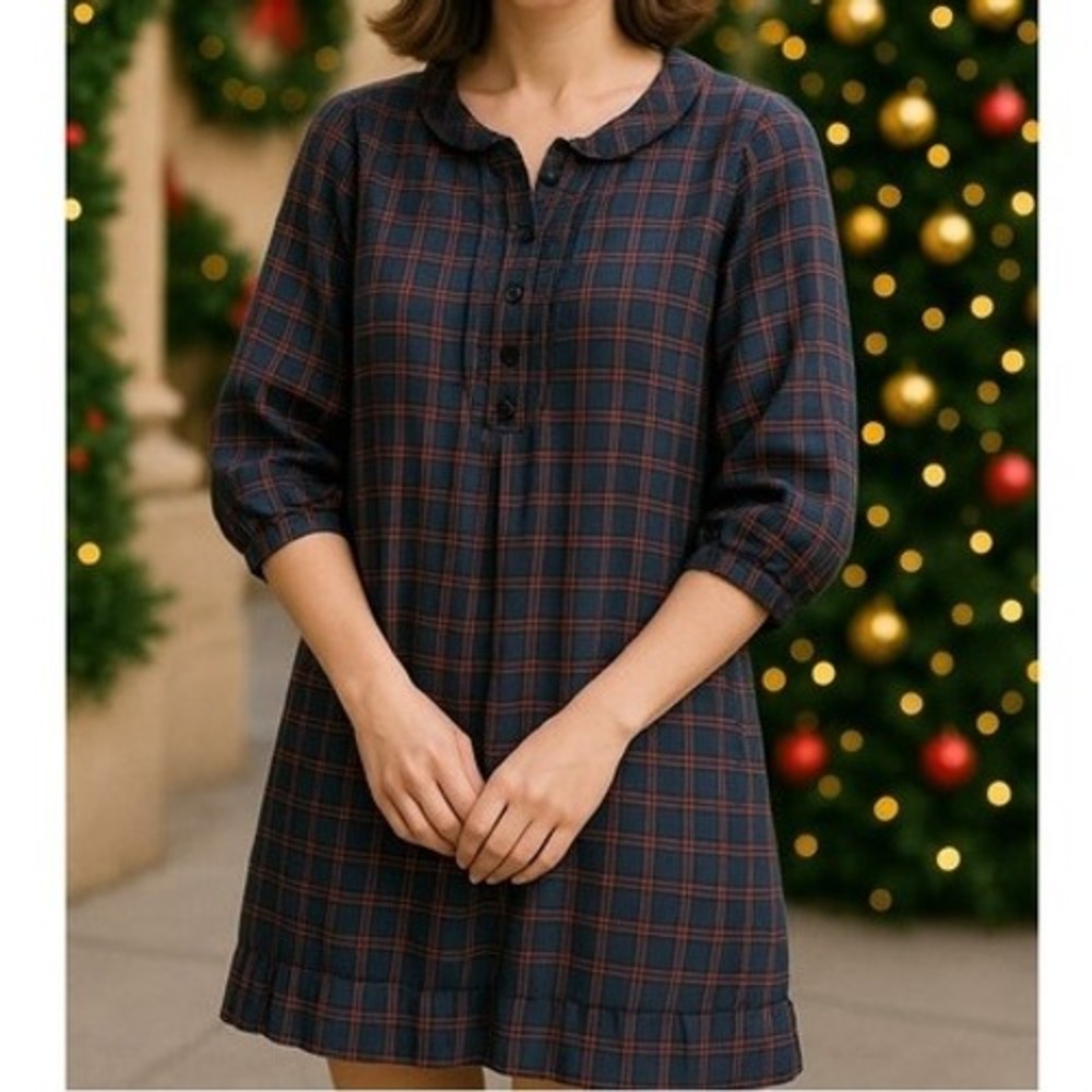 MAJE Plaid Tartan Shirt Dress Button Navy Red Preppy Oldmoney Academia Holiday 1